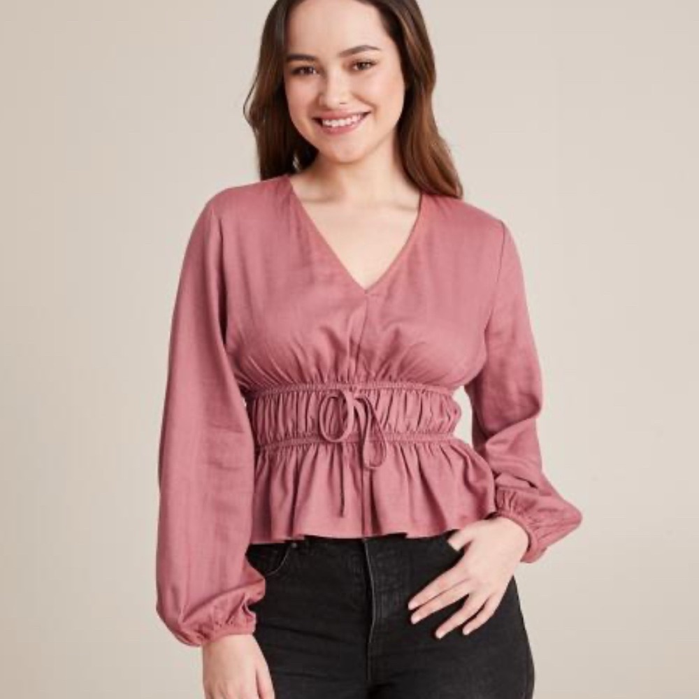 $10 item! Dusty Rose Puff Sleeve tie front linen blend Women's Top size 12P